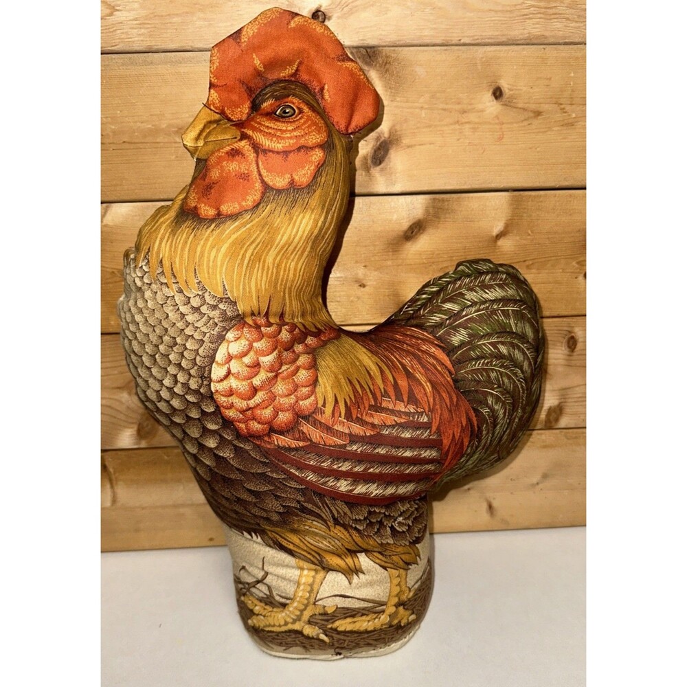 Vintage Handmade Stuffed Fabric Rooster Doorstop Plush Weighted Bottom 14” Tall